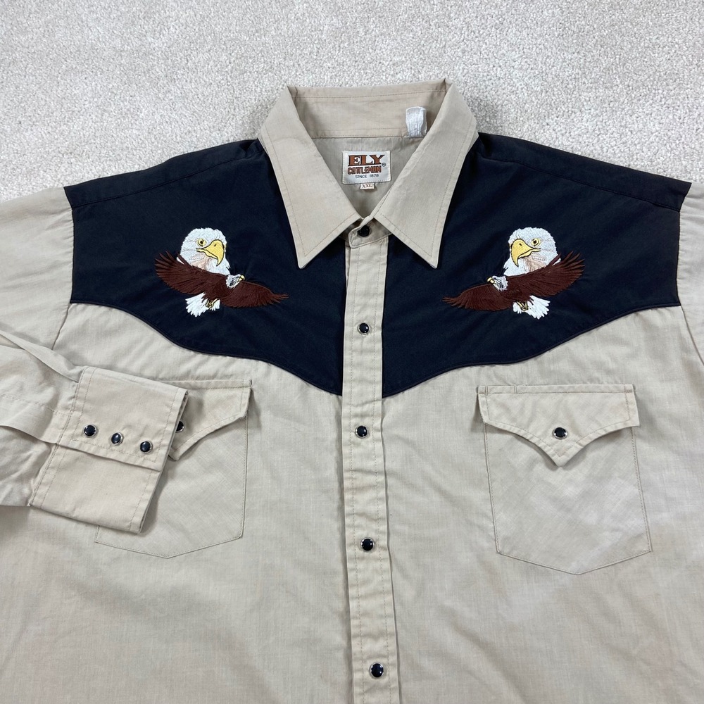 Ely Cattleman Western Shirt Mens XXL Tan Black Eagle Embroidered Pearl Snap Long